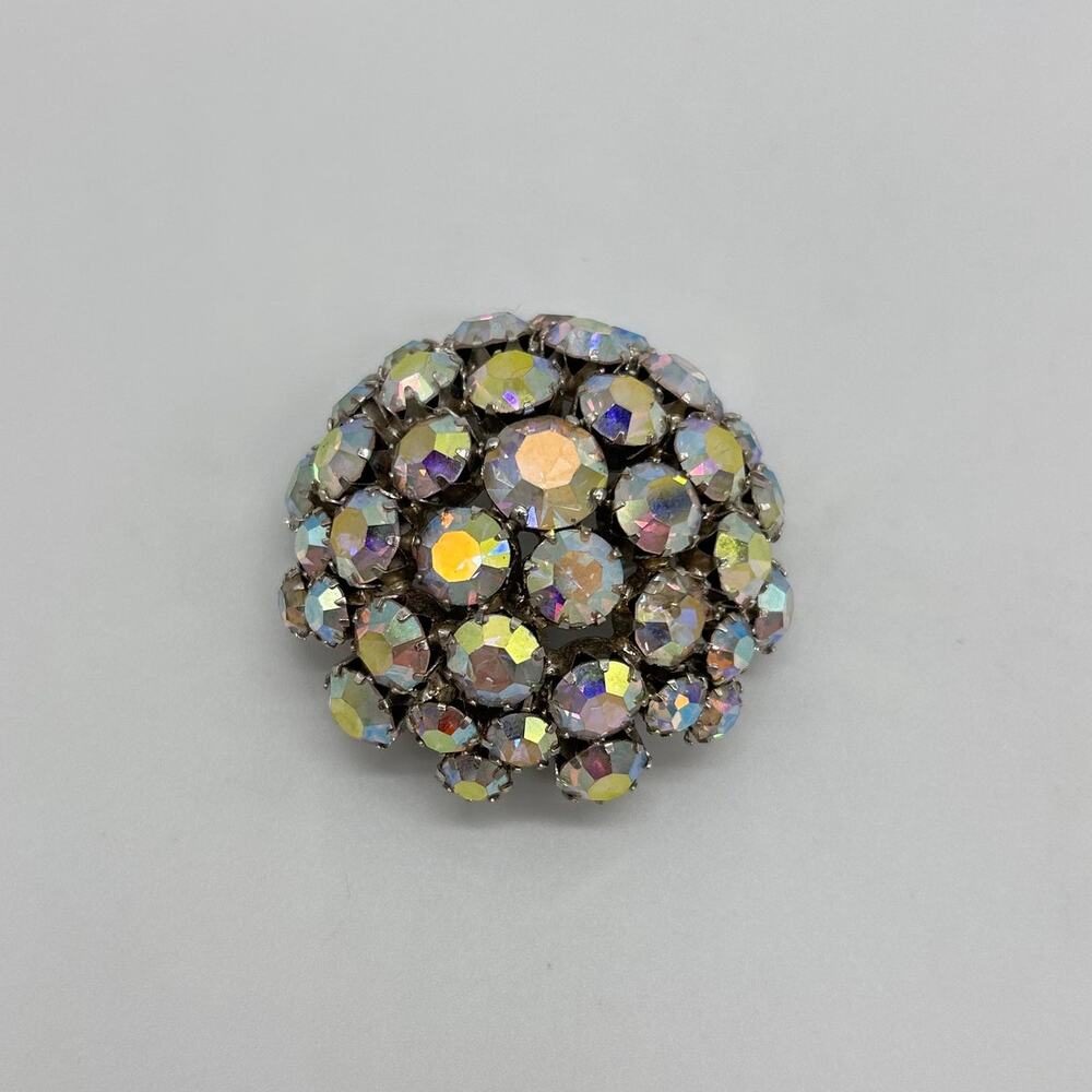 Vintage Warner Dome Brooch 2" Aurora Borealis Rhinestone Pin Signed Jewelry